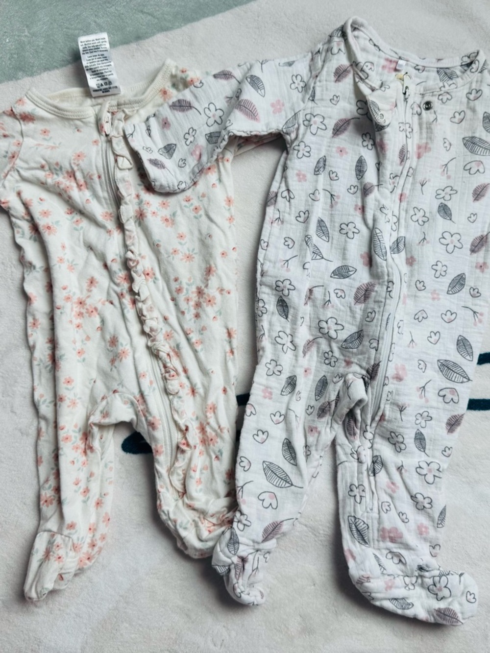 Baby Girls Floral Zip One-Piece Sleepers - White with Pink Floral